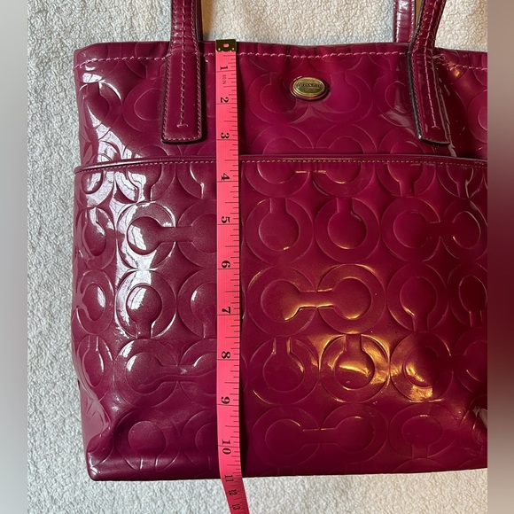 Coach Patent Leather Medium-Sized Tote Bag, Cranberry dark pink color - Picture 6 of 16